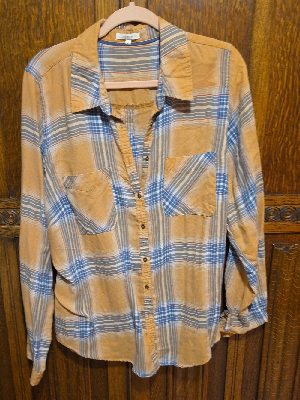 Maurices Tan and Blue Plaid Casual Button-Down Shirt